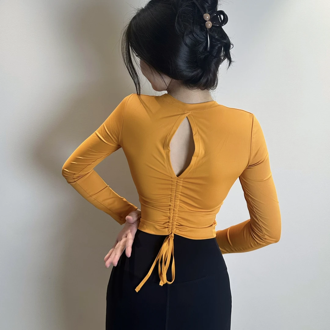 新款短款美背瑜伽服女修身健身上衣自带胸垫普拉提运动长袖秋冬