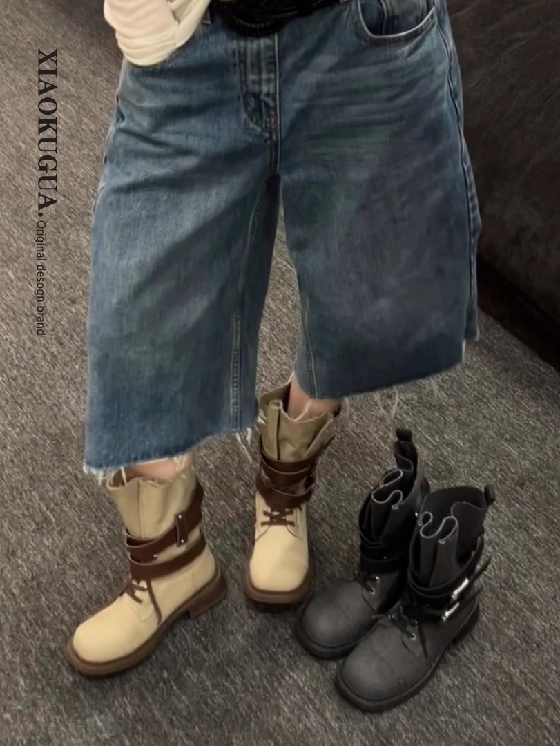 h555同款西部牛仔【增高4cm】时尚百搭绑带牛仔西部鞋时装靴英伦风