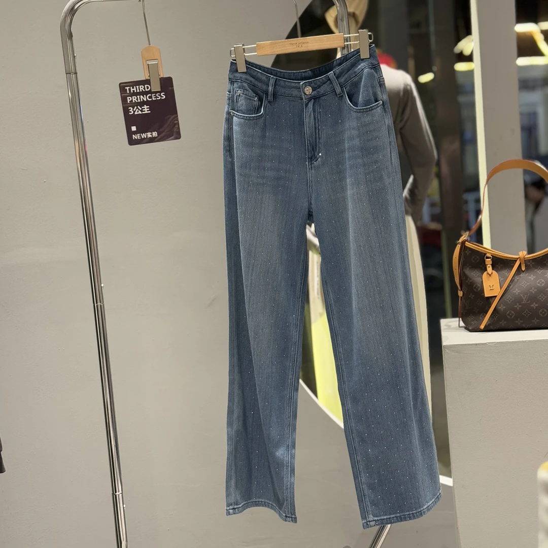 3公主 实至名归 烫钻高腰显瘦阔腿牛仔裤女春季新时尚百搭直筒裤