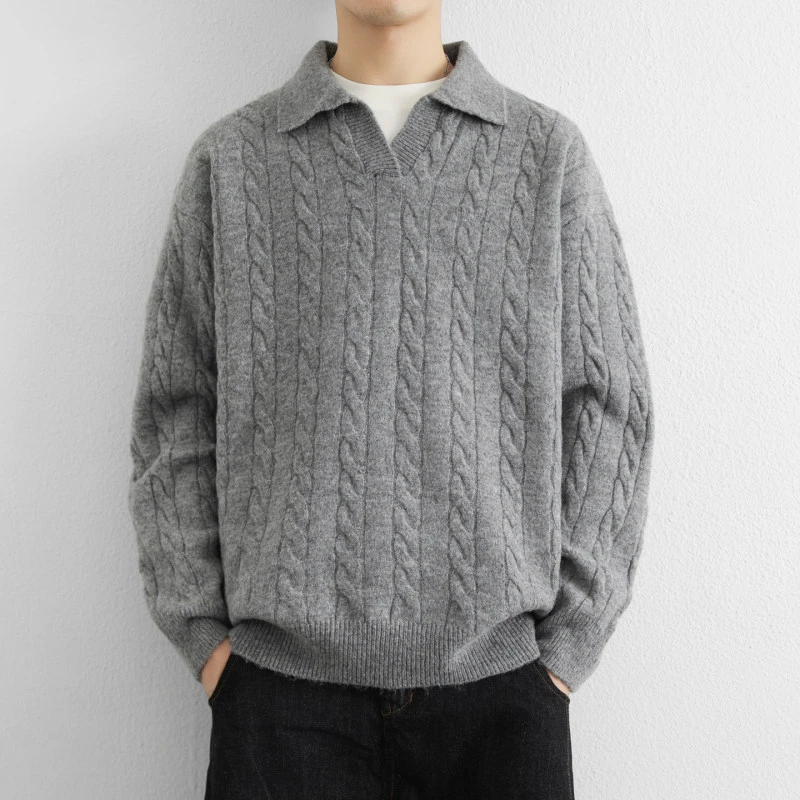 【好货优选】2025秋冬季休闲翻领麻花毛衣男士纯色宽松针织衫Y1679