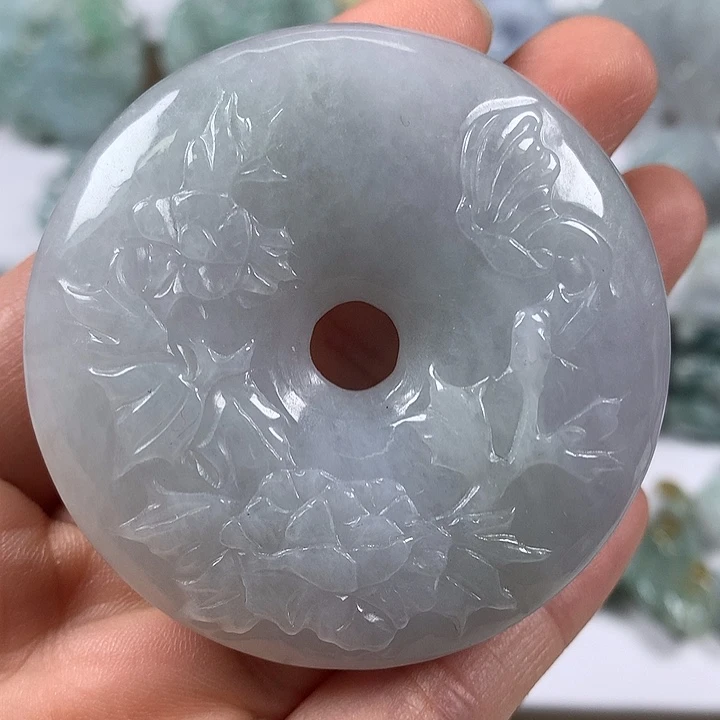 翡翠未镶嵌颈饰花开富贵平安扣两面工艺福利