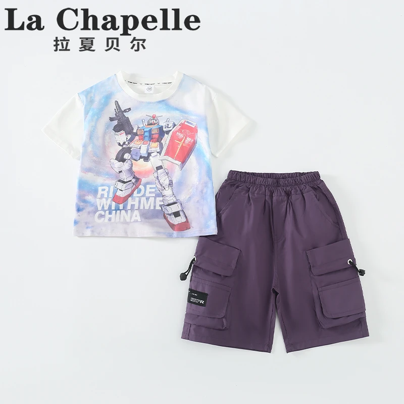 拉夏贝尔男童套装2025新款儿童夏季酷帅卡通短袖短裤两件套LB161