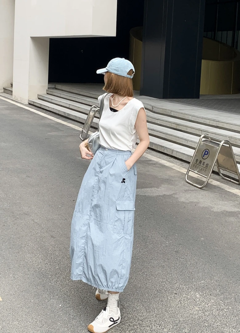 A142-【천억수출입】韩系~Rr新款纯色速干半身裙裙子气质长裙