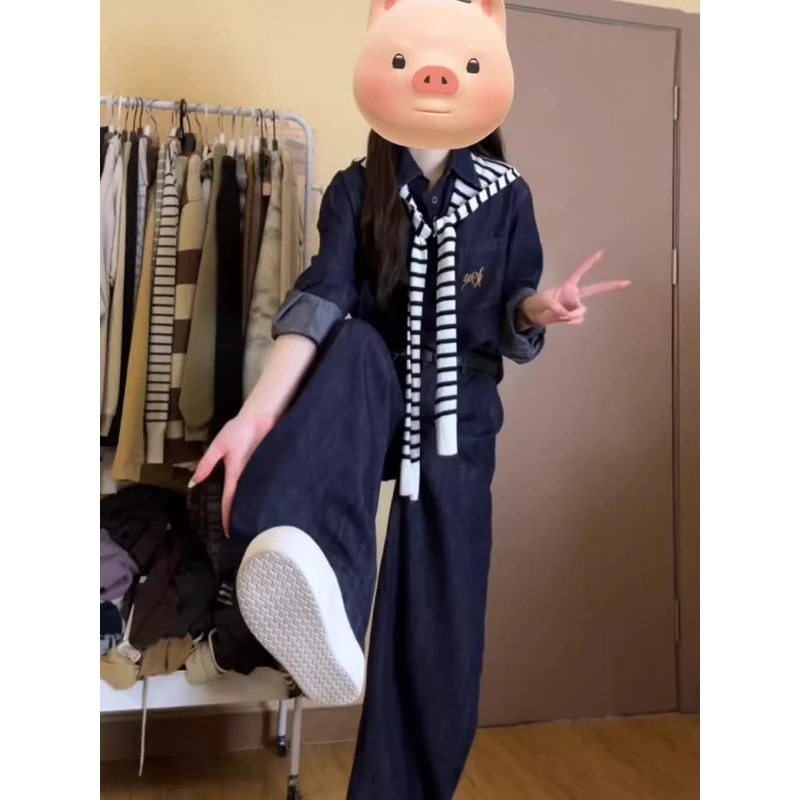 港风运动套装女春秋季新款时尚宽松翻领牛仔外套阔腿裤休闲两件套