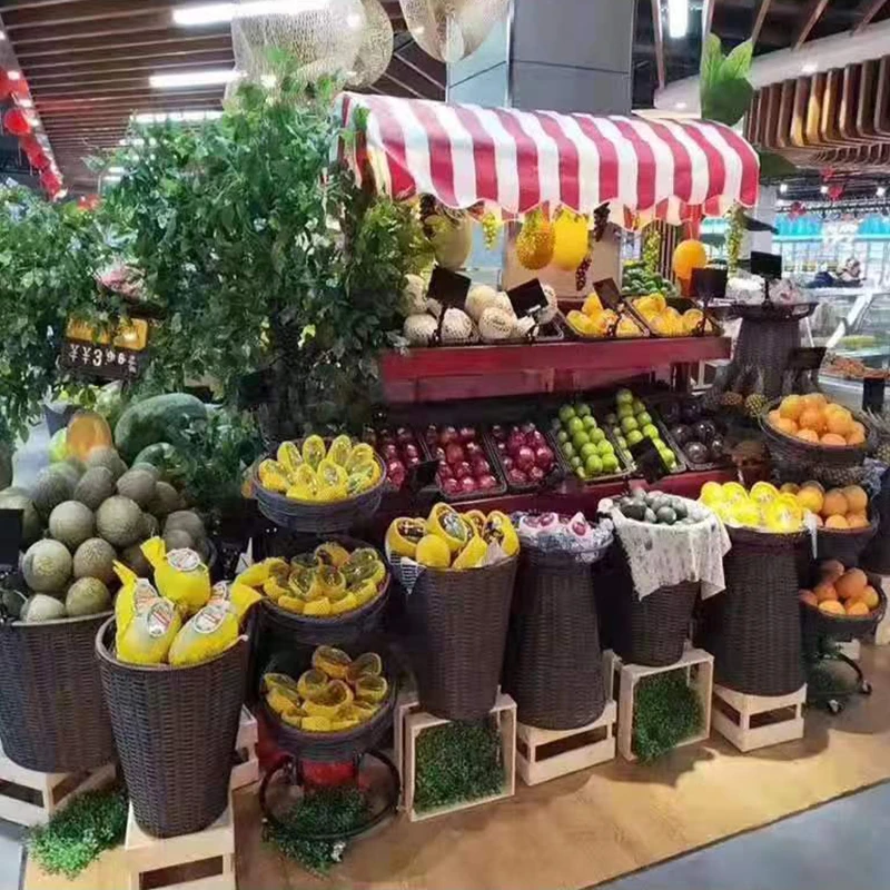 超市水果藤编堆头篮果蔬陈列筐塑料托盘编织篮生鲜干货筐展示架