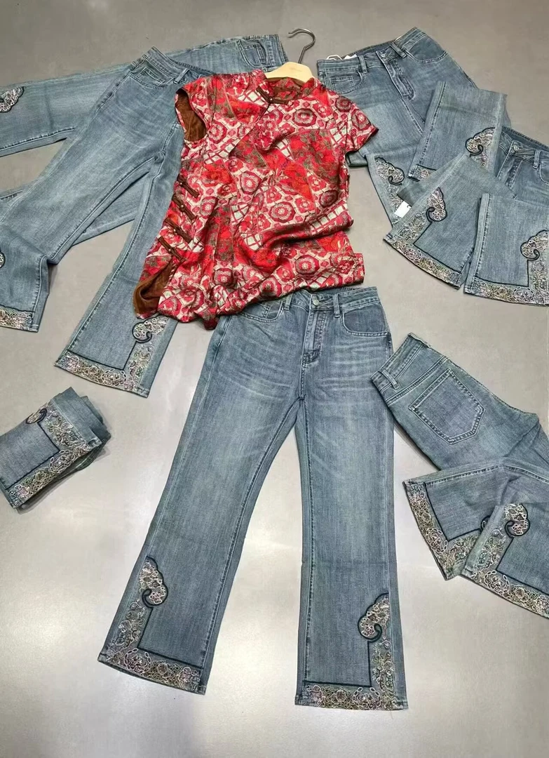 柚茗精选------新品宫廷创意款薄款阔腿牛仔裤-K-25235