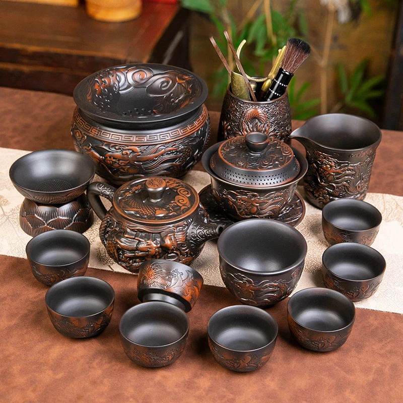 紫陶汉瓦鱼跃龙门茶壶凤鸣全手工陶瓷紫砂壶家用功夫茶具茶具套装