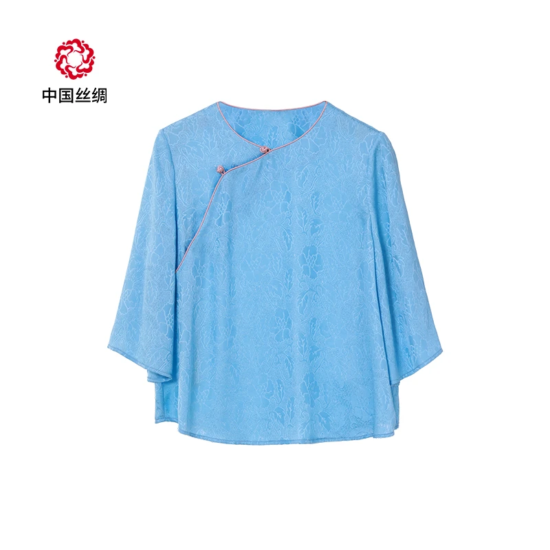中国丝绸隆鹊『牵牛花 浅蓝』罗上衣新中式年轻款夏季新款透气百搭