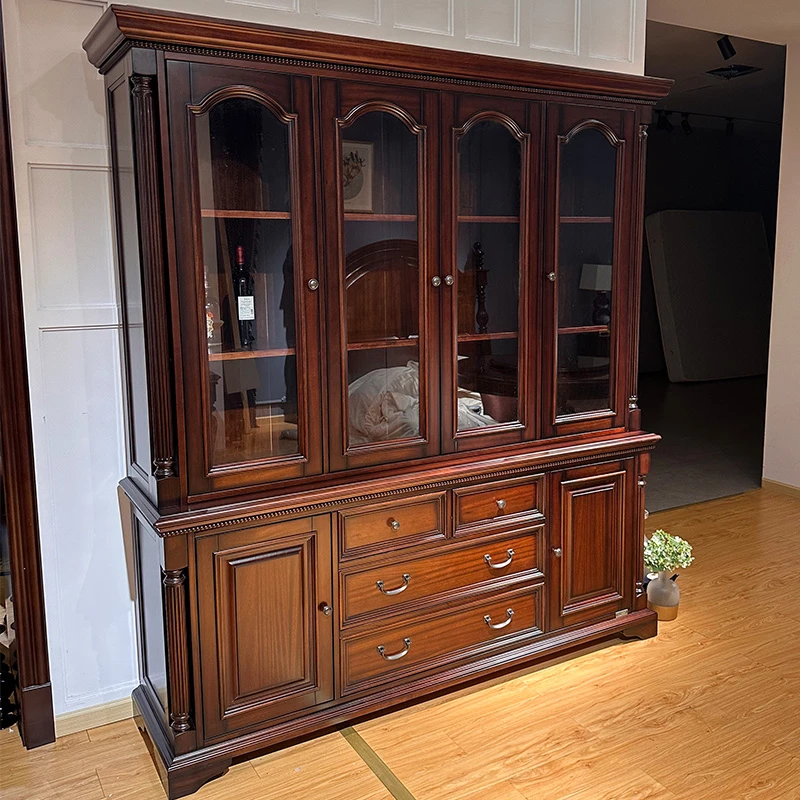 核桃木美式四门书柜复古客厅古典书房书柜别墅陈列欧式四门书橱