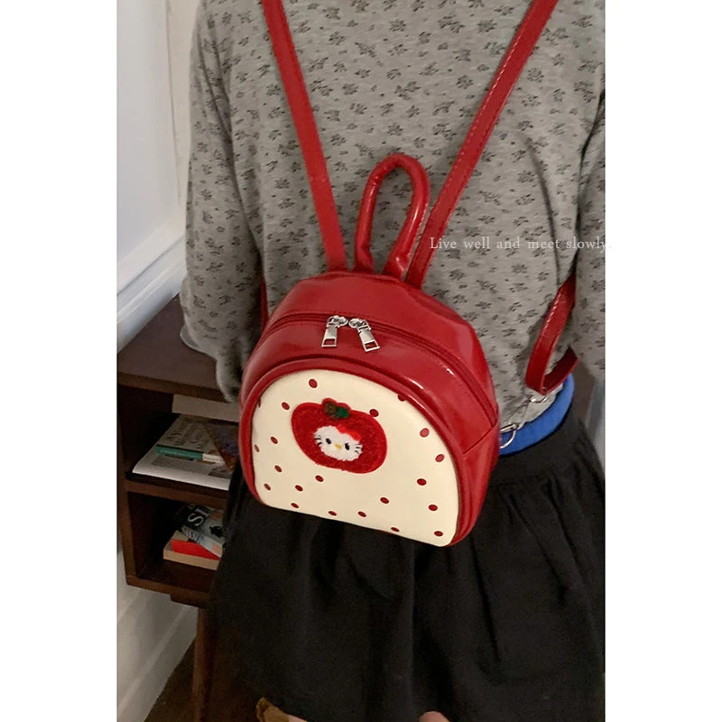 可爱苹果波点猫双肩包包女2025新款潮时尚学院风背包手提书包