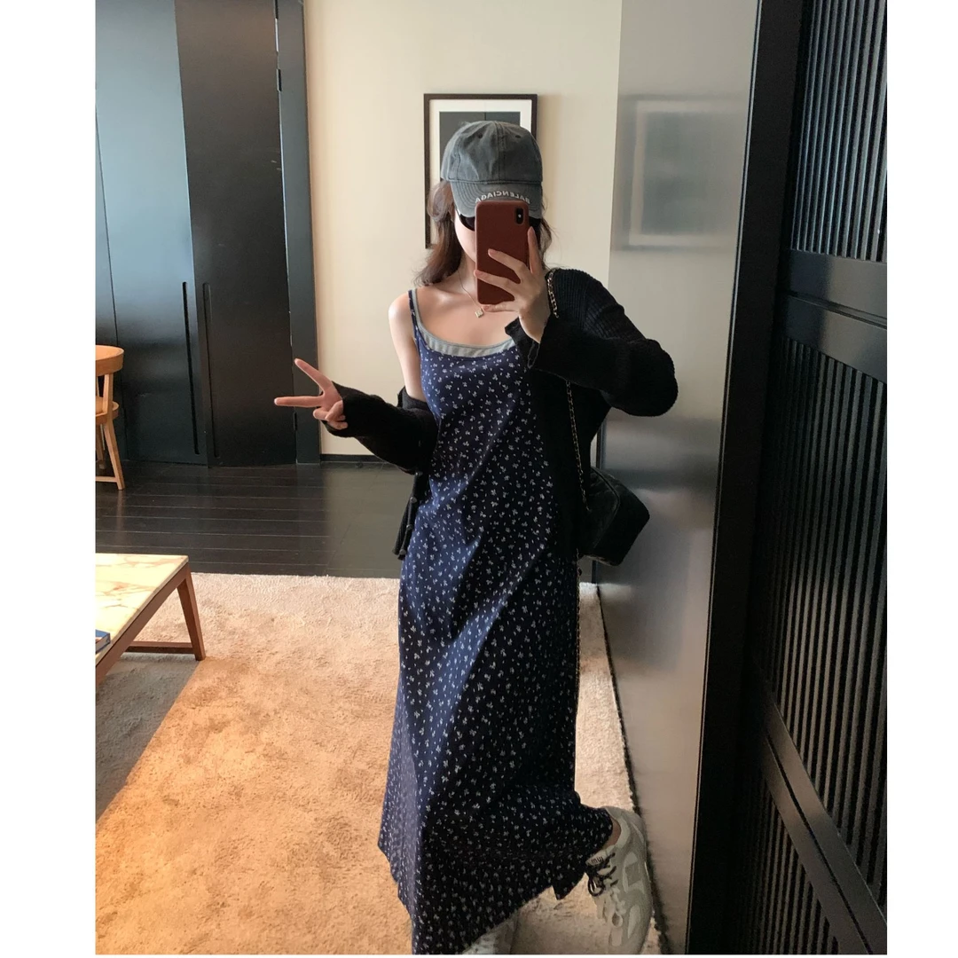 【NAZ微胖高端定制】韩系假两件碎花吊带长裙