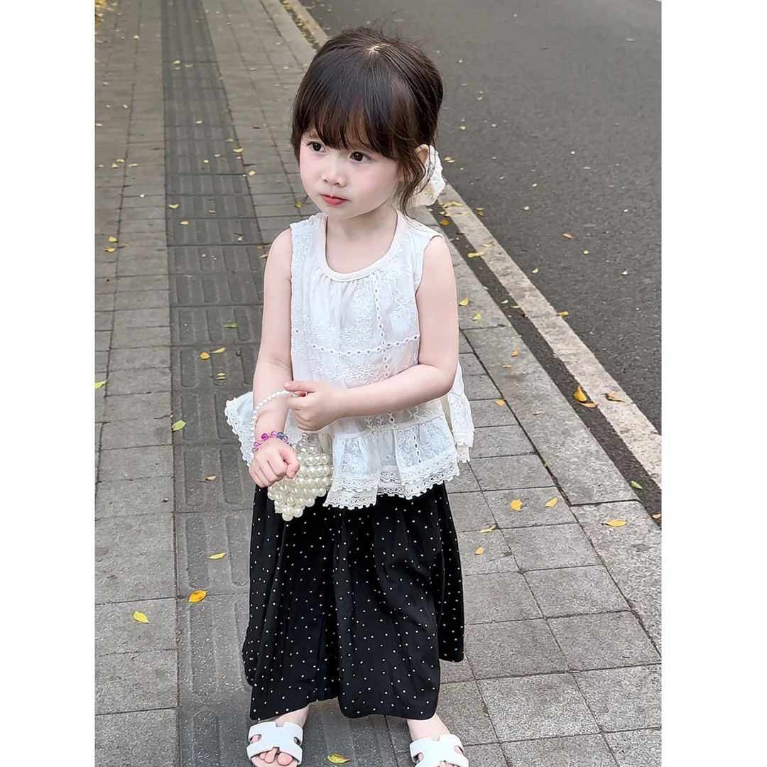 2025夏季女宝宝套装女童刺绣花边无袖娃娃衫波点阔腿裤幼儿园穿搭