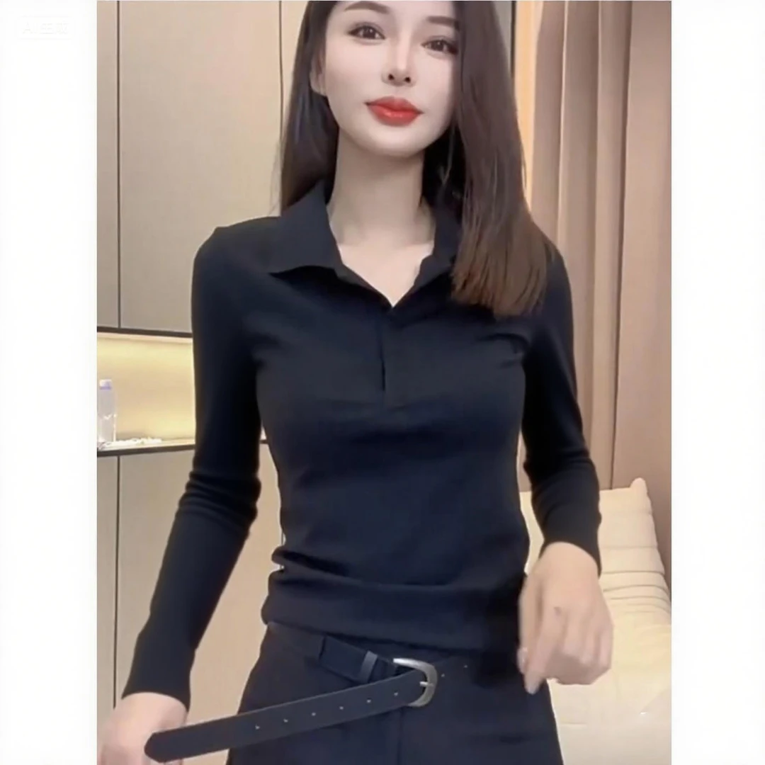 polo领长袖打底衫秋装女款爆款2025新款时尚收腰显瘦黑色翻领上衣