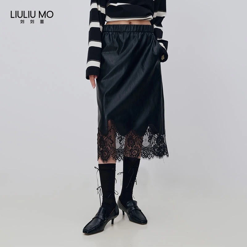 刘刘墨新款小众个性款蛋白皮拼接蕾丝包边绣黑色显瘦百搭皮裙