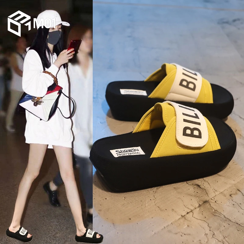 M01爆款魔术贴厚底拖鞋女夏外穿2025小个子百搭高级感一字凉拖潮