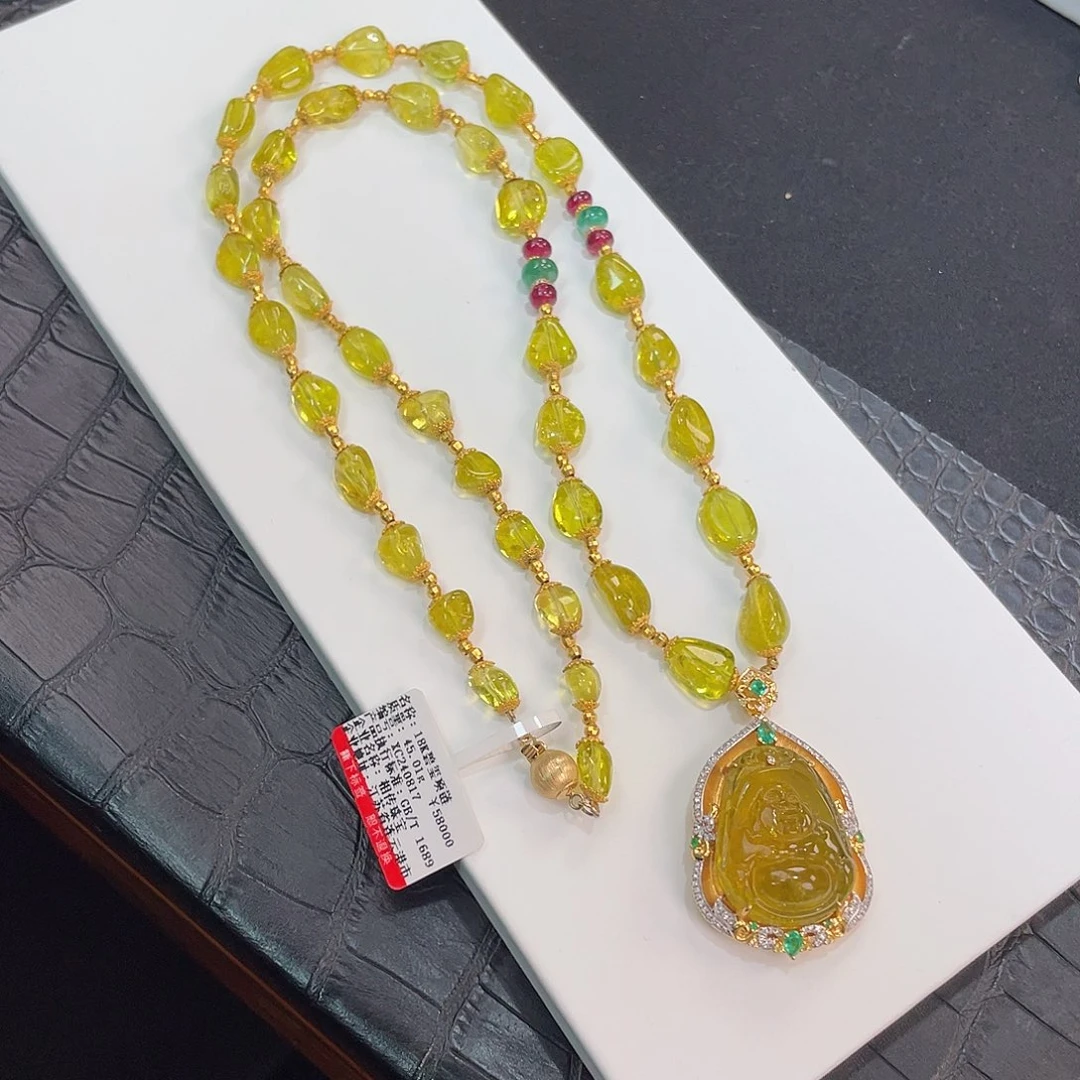 黄色碧玺毛衣链18K金镶嵌 佛公套链
