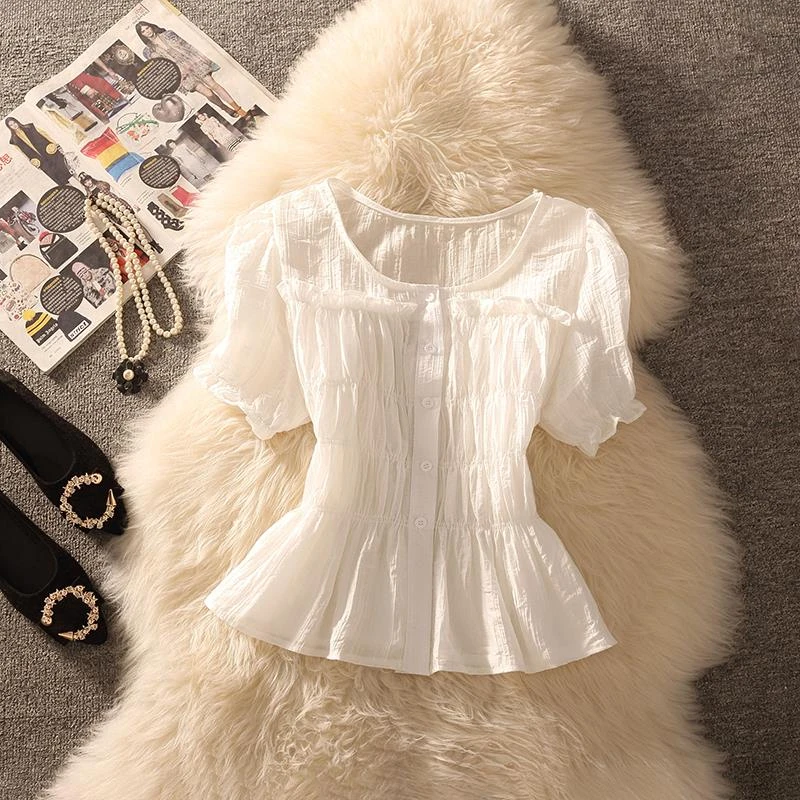 2025年新款法式温柔风泡泡袖圆领短袖女夏季新款修身显瘦气质上衣
