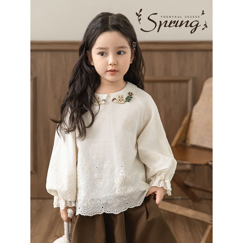 幼悠【清新森系】春贰波长袖洋气韩版蕾丝白色复古娃娃衫 汉服C3141