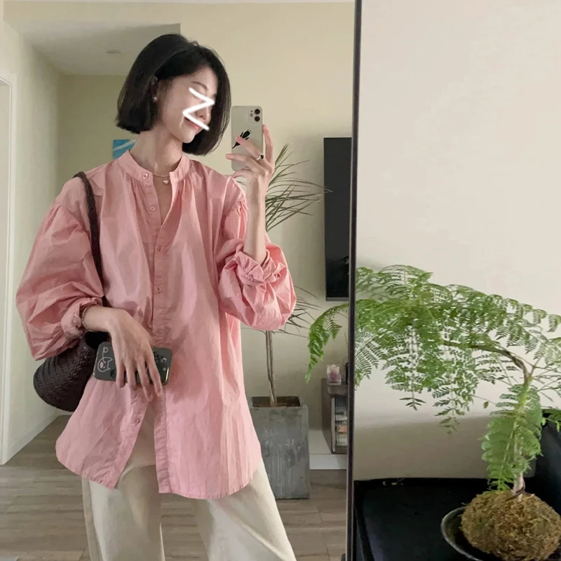 J255早春装2025新款设计感小众粉色衬衫上衣女法式衬衣内搭小衫