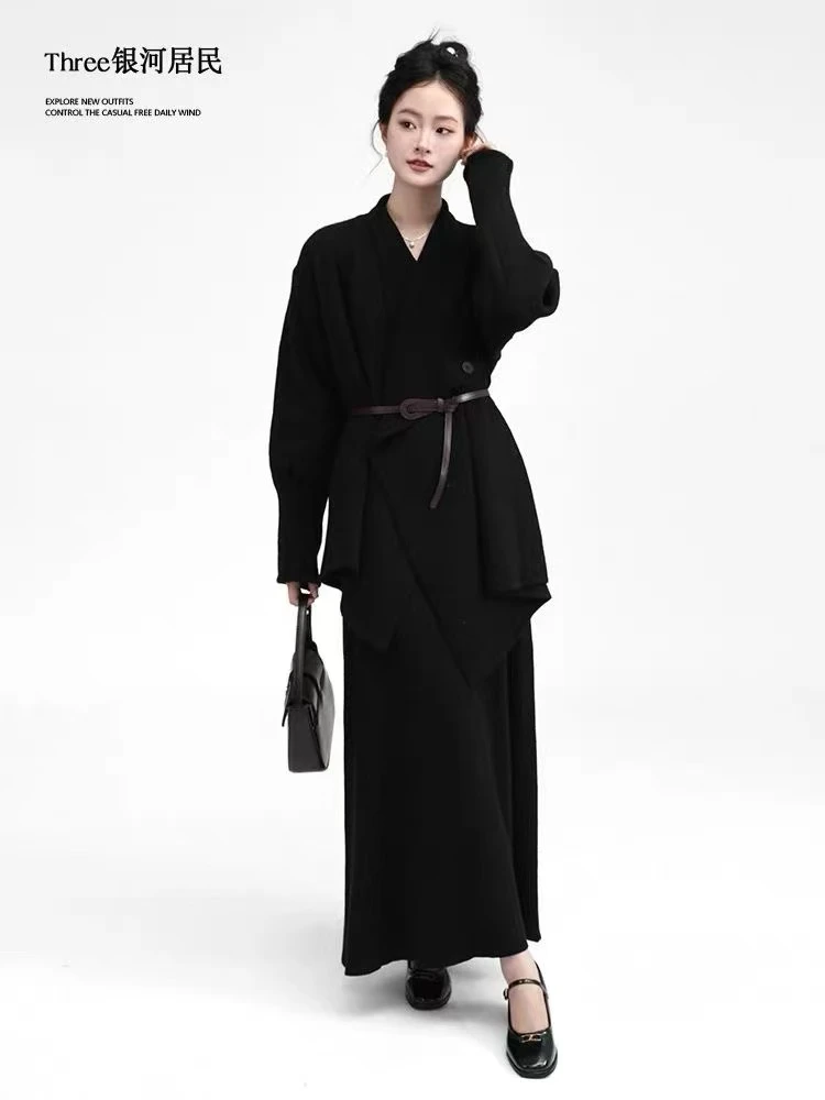韩系气质翻领宽松外套女秋冬黑色收腰修身开衫外套+鱼尾裙两件套