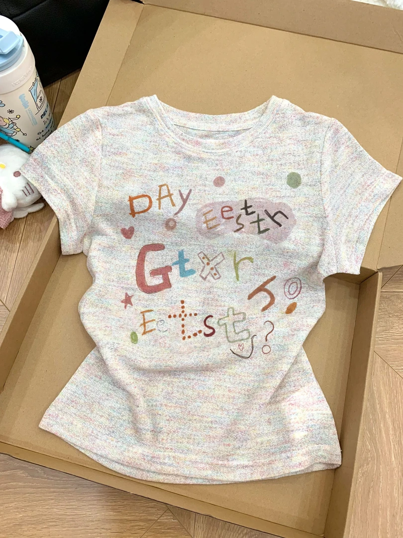 WRXS 美式正肩短袖tee女夏季穿搭彩绘印花辣妹短款t恤女修身上衣