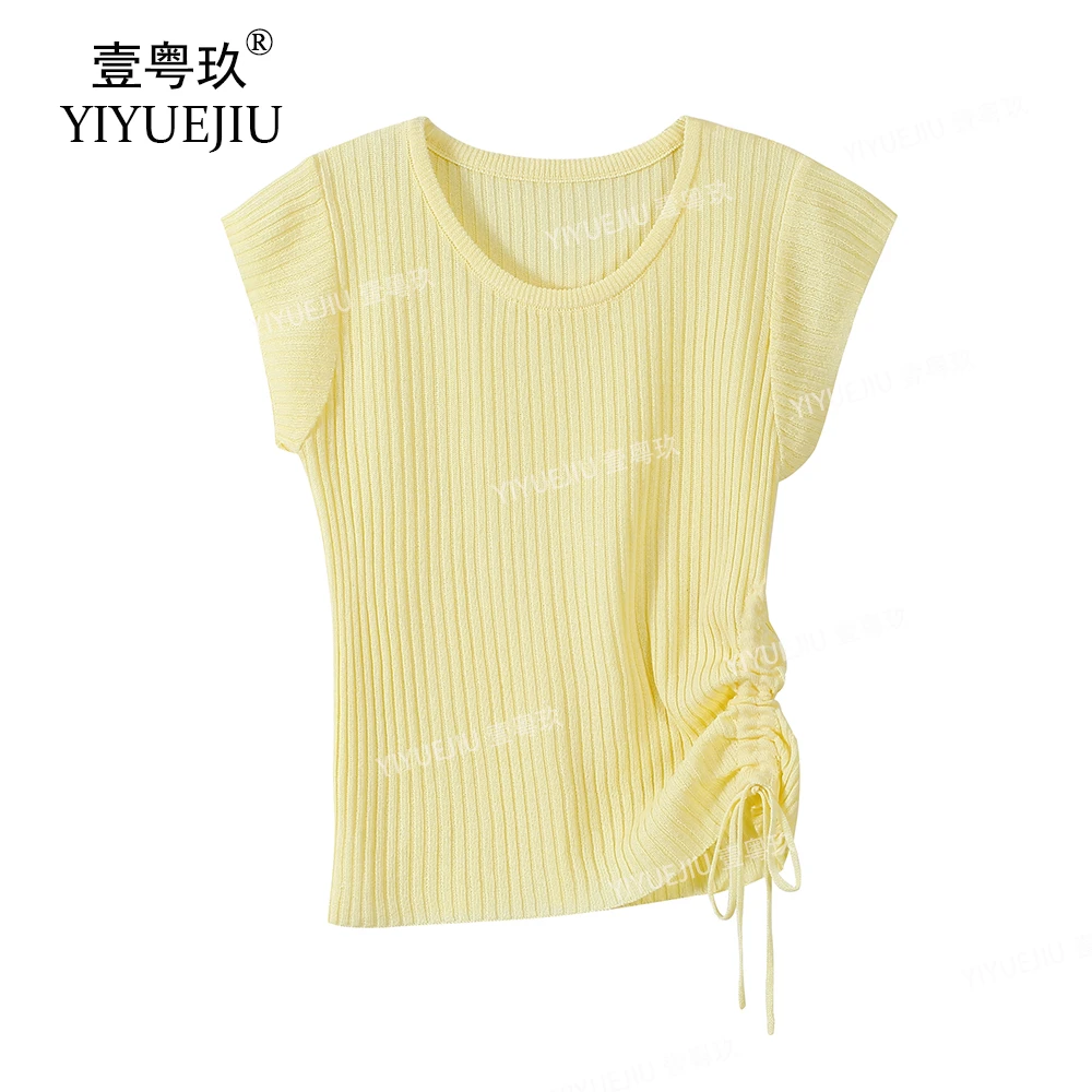 【现货】夏季抽绳针织衫短袖女修身韩版时尚百搭纯色T恤设计感上衣