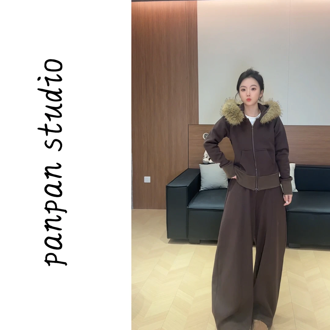 潘潘/2025秋冬新款【大毛领】显瘦外套美式可拆卸毛领短款+卫裤套装