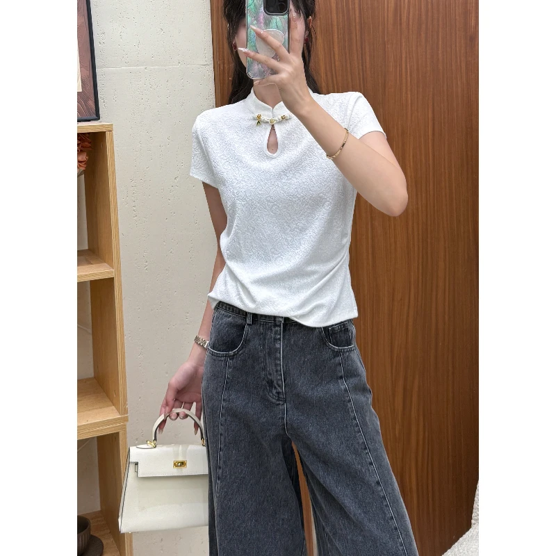 Mozch 蚕丝莱赛超柔立体提花手工盘扣收腰显瘦中式上衣T恤【长54】