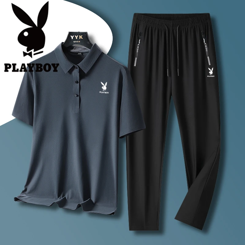 花花公子运动套装男夏季翻领polo衫直角裤速干冰丝两件套父亲节