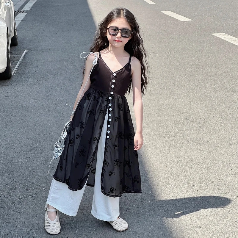 女童套装夏装2025新款薄女孩中大童吊带蕾丝连衣裙儿童阔腿两件套