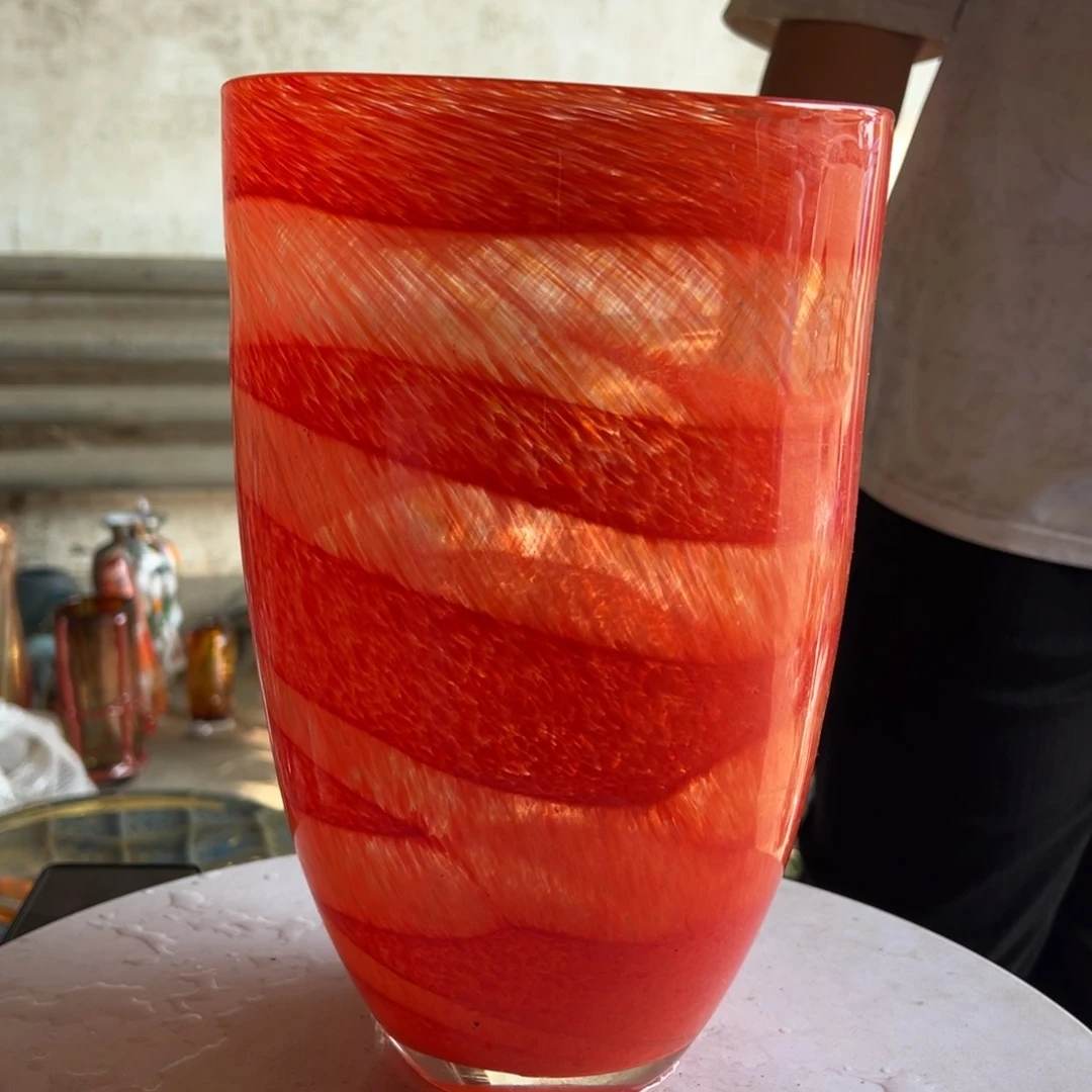 橘红条纹高度31琉璃花器摆件微瑕