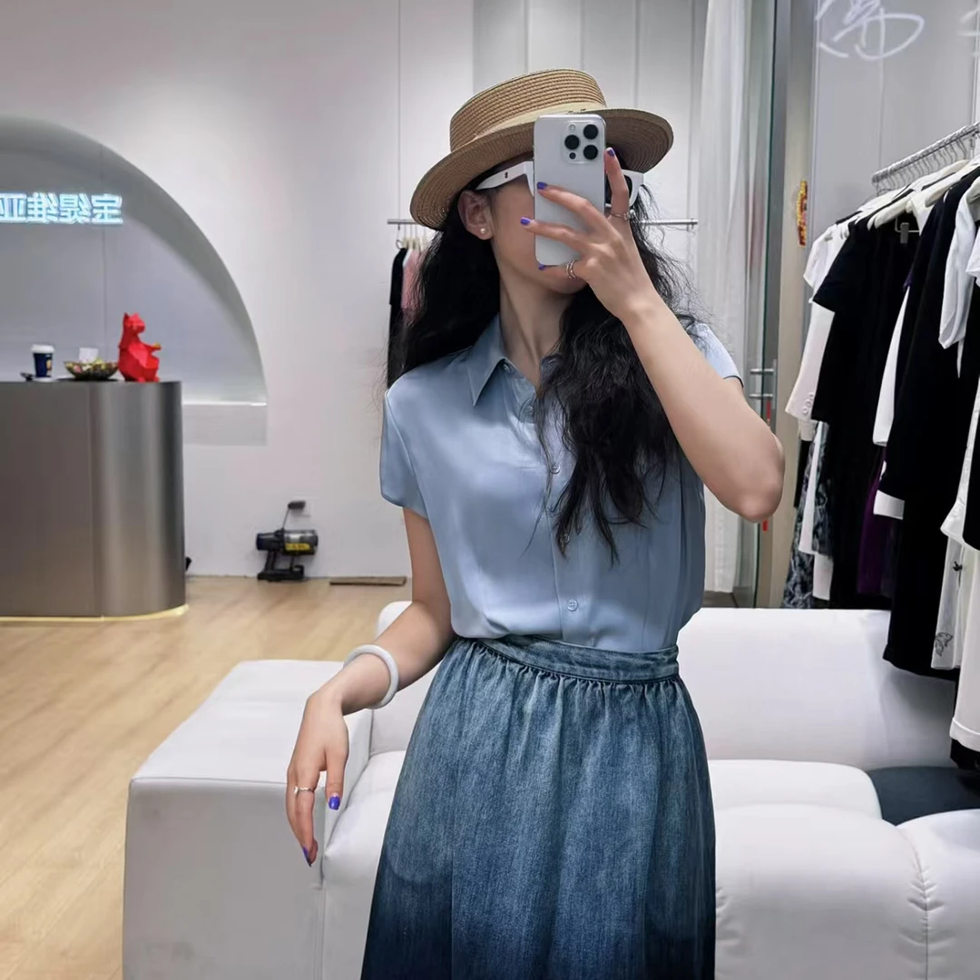 M1695【库存勿动】翻领纯色短袖衬 双色可选 衣长56 款号VE1840