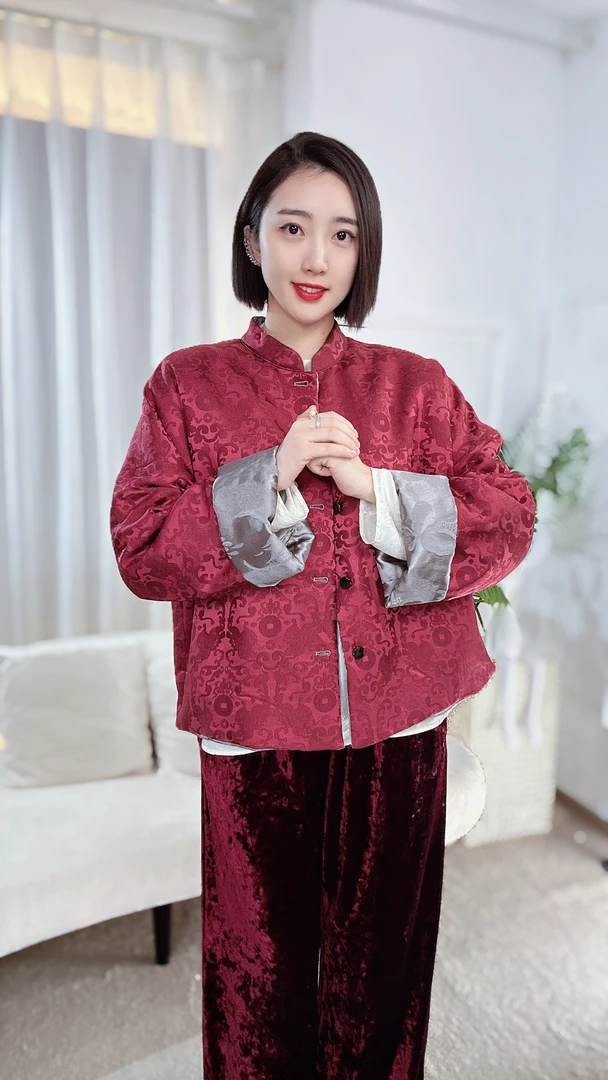 【双面双穿】新中式桑蚕丝冠乐绉混纺提花宋锦丝棉立领棉服HF-4284