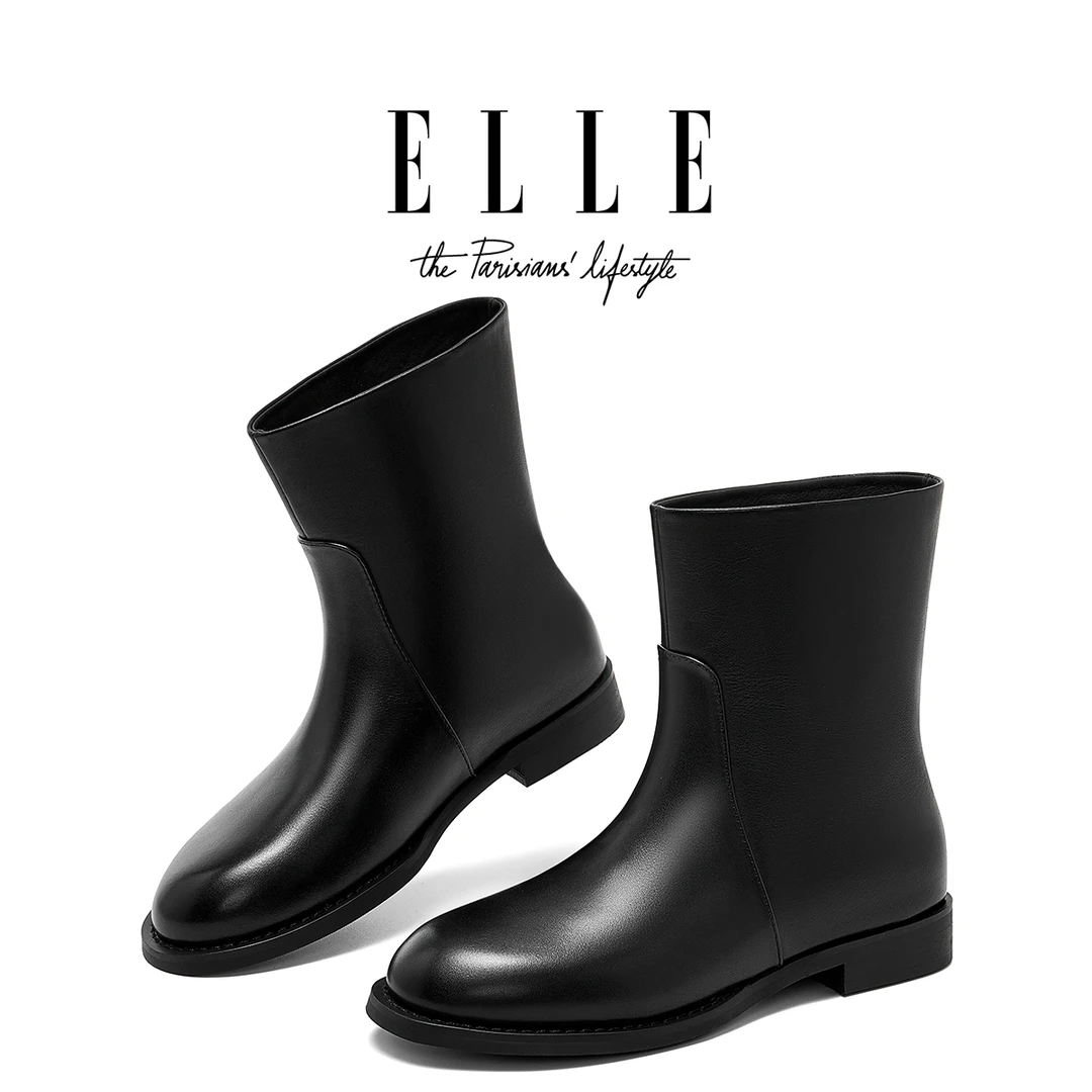 ELLE2025新款圆头极简胎牛皮平底切尔西靴女冬季一脚蹬加绒马丁靴