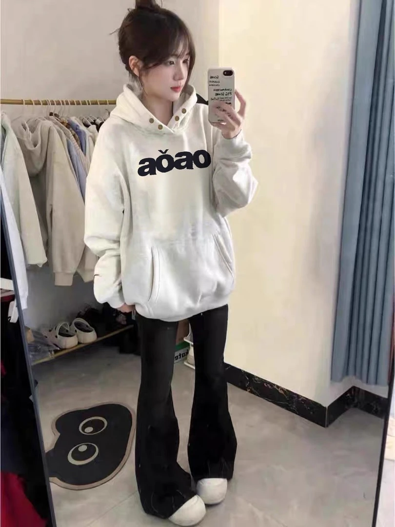 双纽扣灰色连帽卫衣女加绒厚秋冬新款宽松设计感小众美式情侣外套