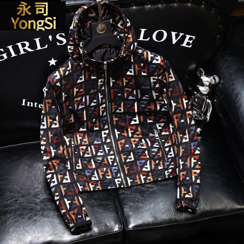 欧洲站字母印花秋冬薄款夹克衫青年男士轻奢修身大牌男装连帽外套