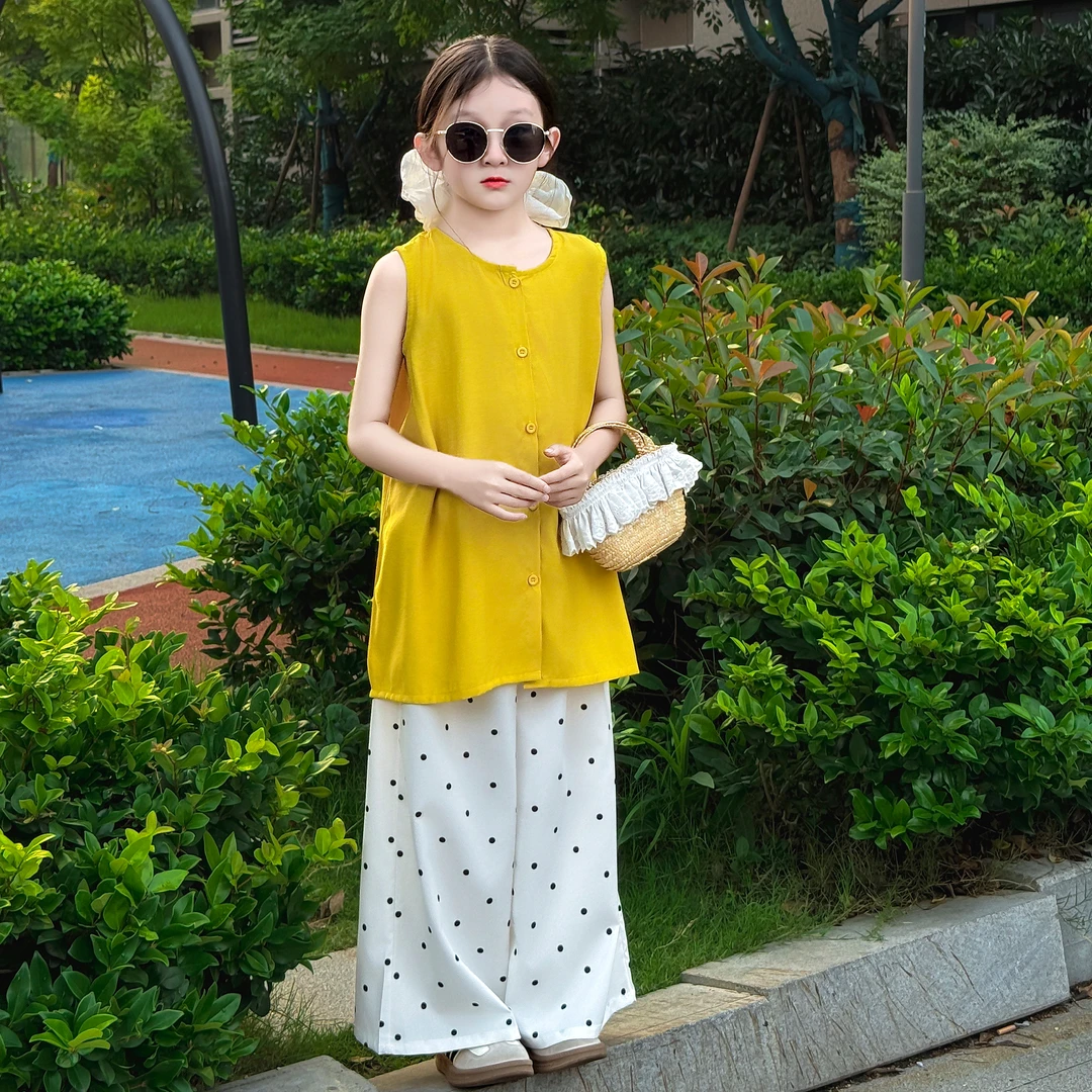 女童夏季2025新款时尚韩版度假休闲透气洋气衬衫阔腿波点裤套装潮