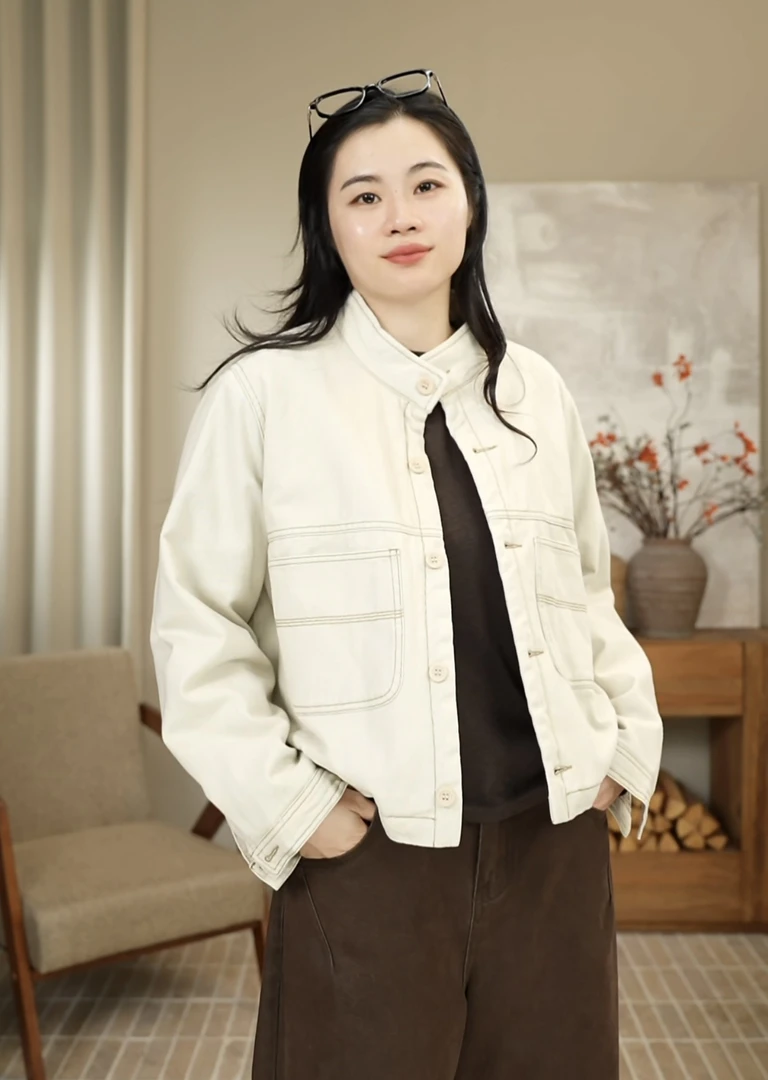 九月JIUYUE 冬季复古夹棉设计感明线立领牛仔夹克外套小棉服 072