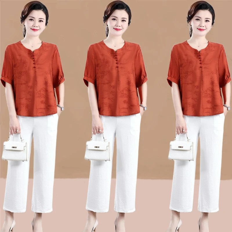 夏季新款妈妈装印花衬衫短袖圆领棉麻小衫休闲中老年夏装宽松上衣