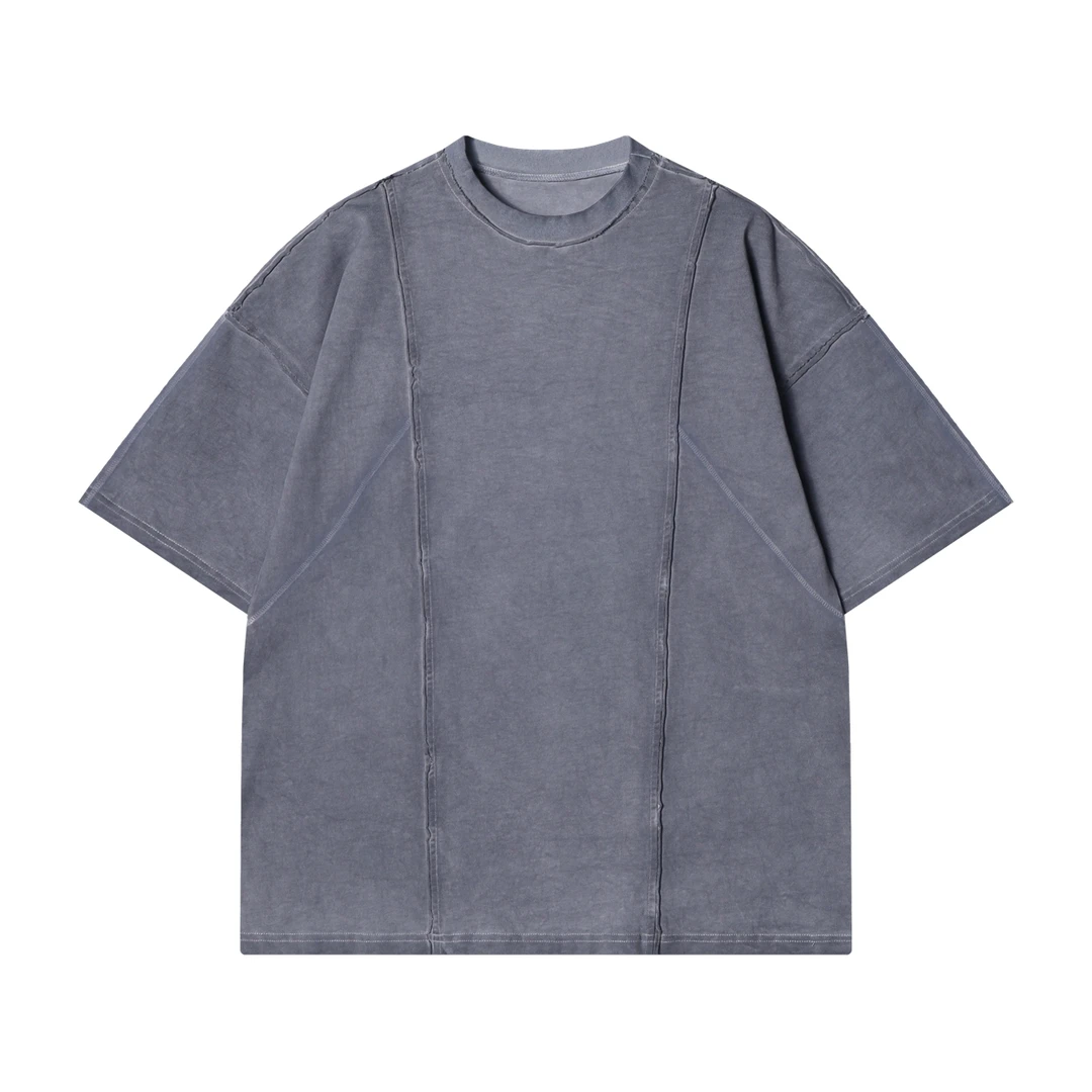 夏季高级感新款美式做旧裁剪圆领短袖T恤百搭潮流宽松套头上衣