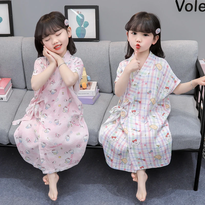女童睡袍夏季纯棉女童洗澡浴袍宝宝纱布空调房家居服夏天女孩睡裙