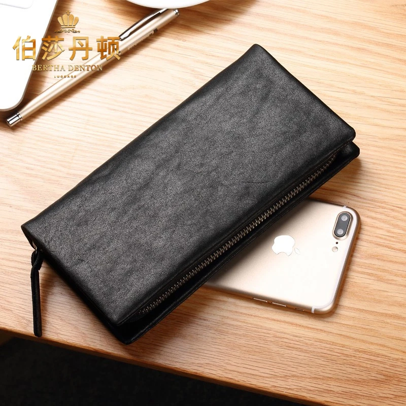伯莎丹顿品牌钱包男士真皮竖款软牛皮钱夹男休闲卡包长款手拿包男