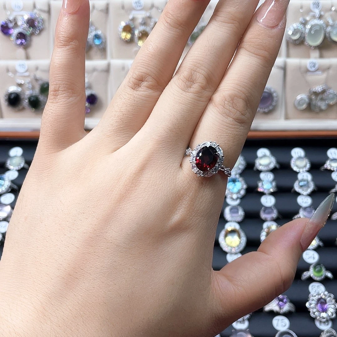 常***乐戒指银S925镶嵌石榴石