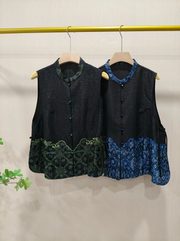 【Hua】580281夏季新中式国风青花瓷提花盘扣桑蚕丝香云纱无袖马甲