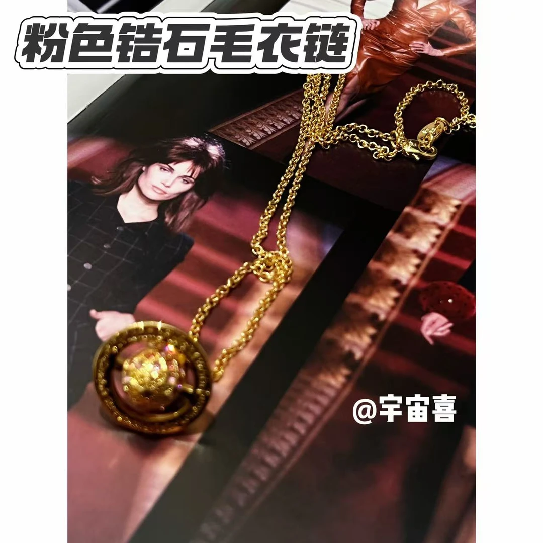 铜合金项链  J1-054【粉色锆石金色复古花纹星球orb毛衣项链】