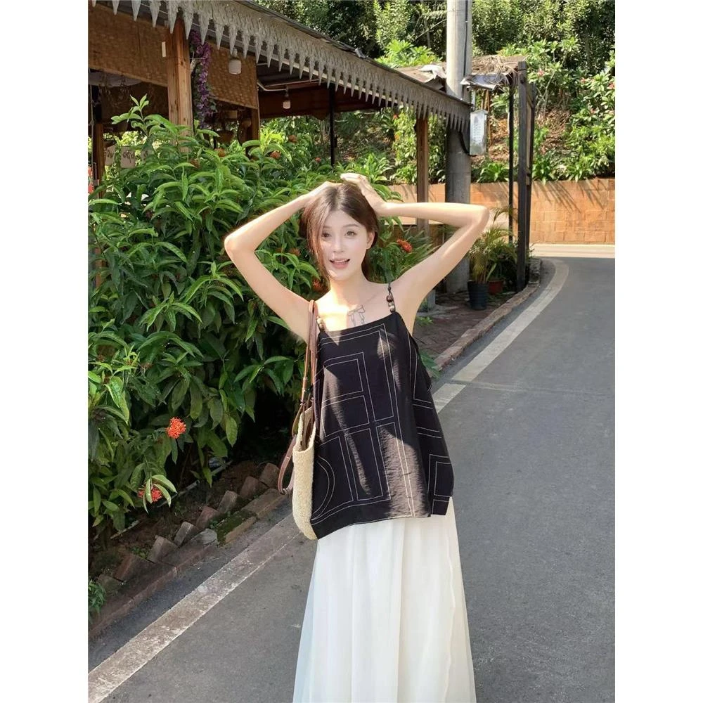 度假风复古串珠吊带背心女夏季2025新款宽松无袖外穿小众甜美上衣