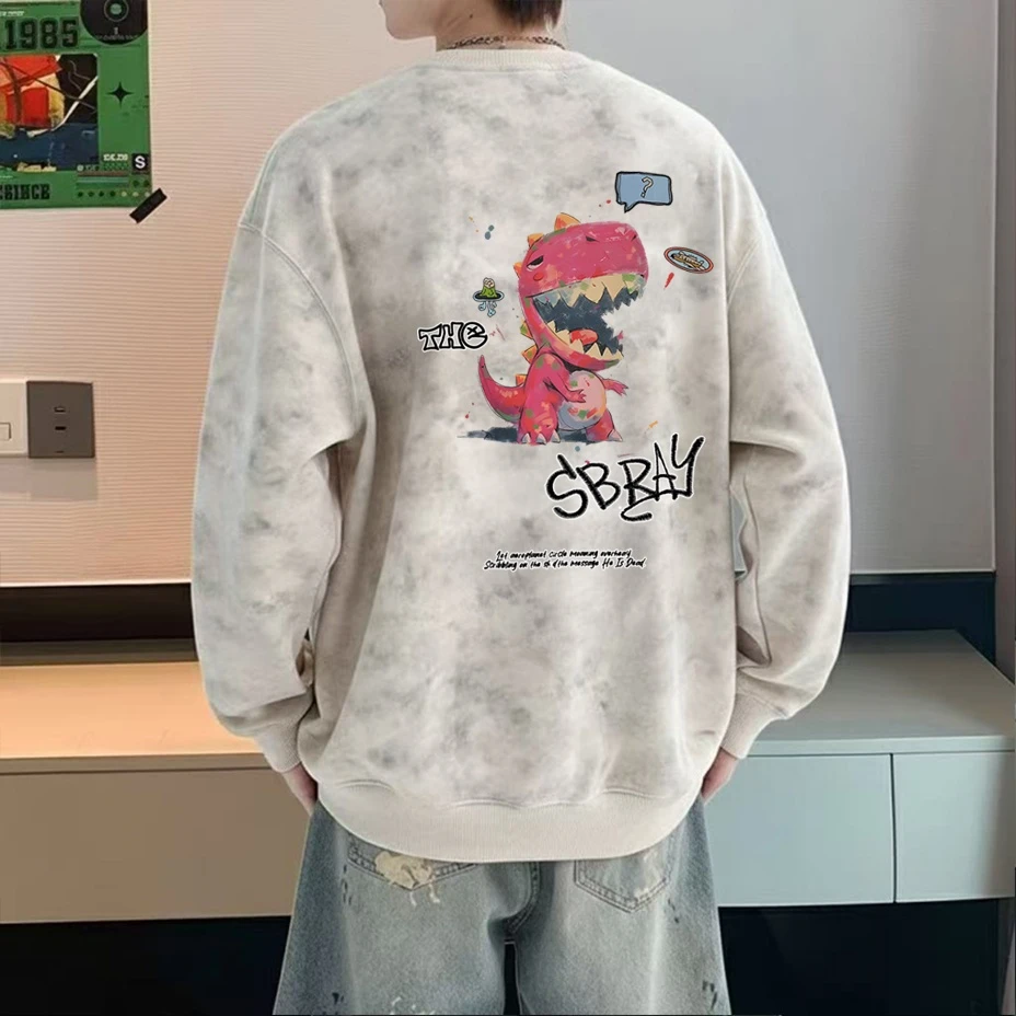 男生扎染圆领卫衣春秋薄款打底衫青少年潮牌宽松大码长袖套头外套