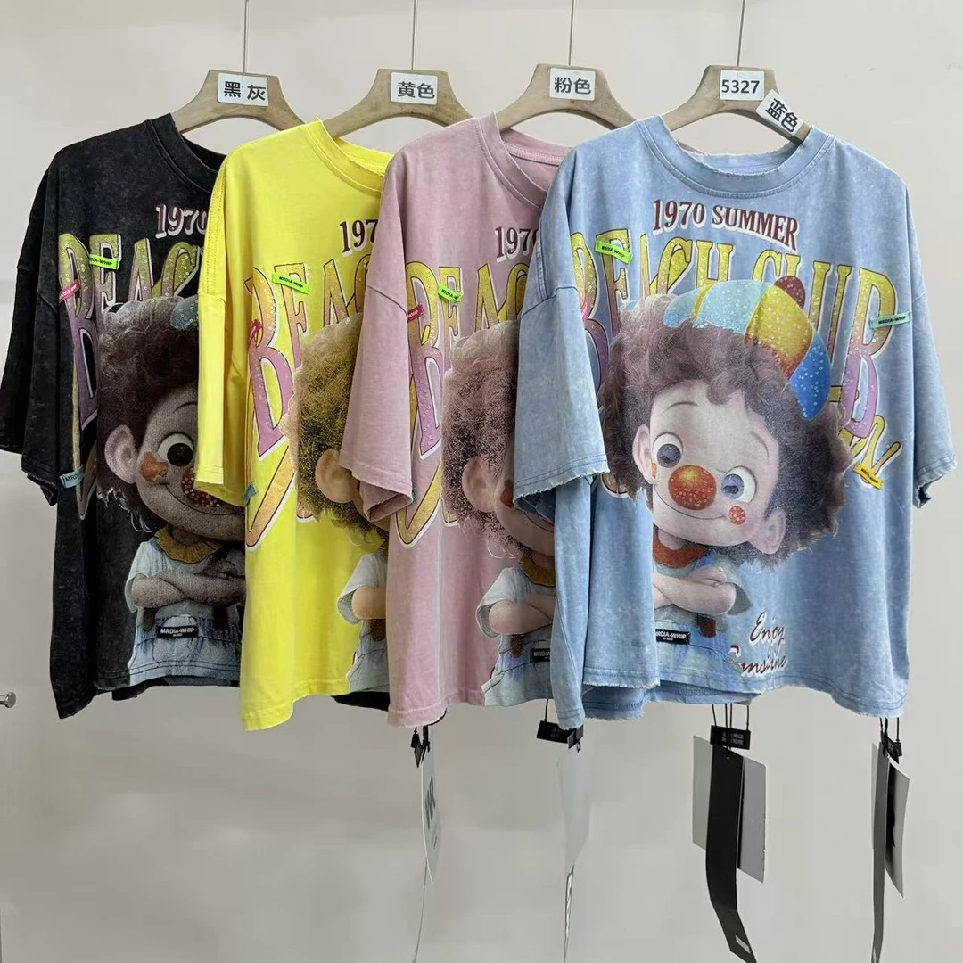 5327号00152#百搭复古印花俏皮男孩宽松休闲圆领短袖T