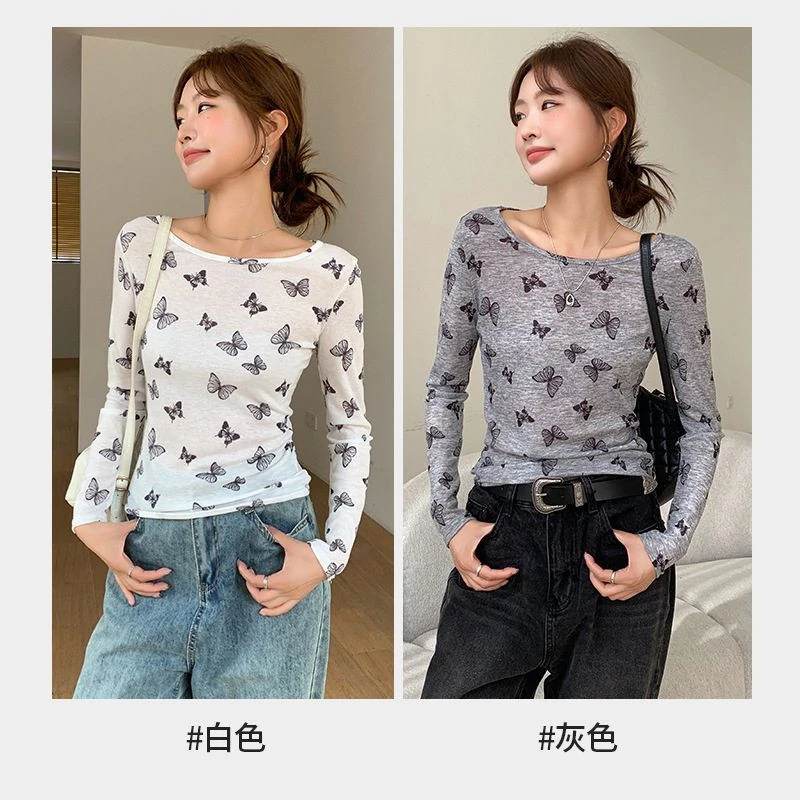 印花INS风T恤性感内搭圆领短款紧身修身长袖ins春秋夏季薄款