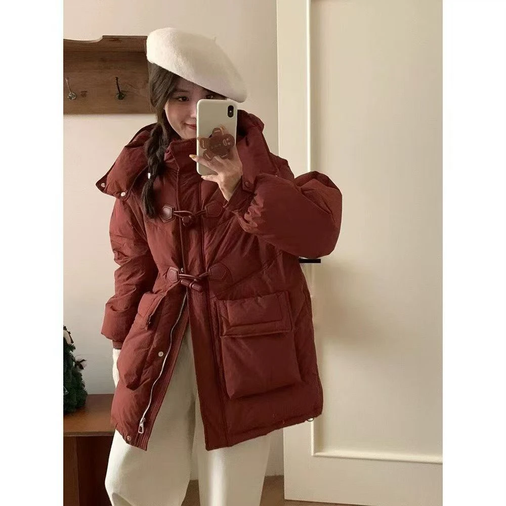 韩版中长款皮扣后收腰羽绒服